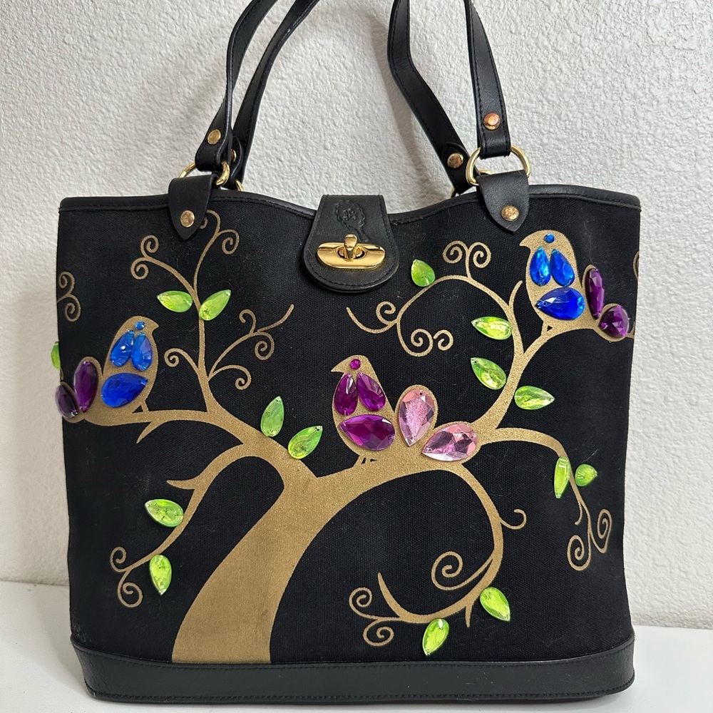 Lulu Guinness Black and Gold Tote Bag with Colorful Jewel Bird Design